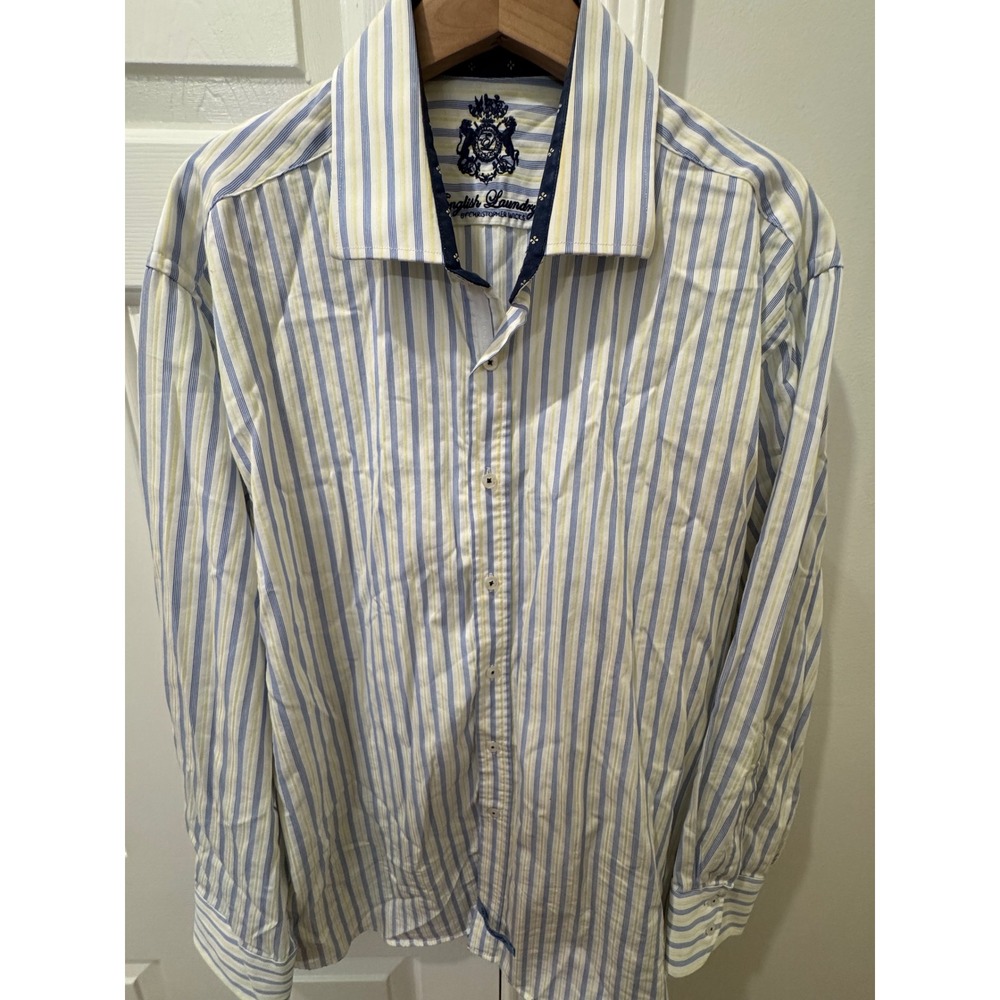 English Laundry Mens Striped Dress Shirt Blue Yellow White 17.5 34/35 Cotton